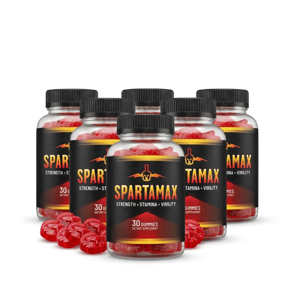 Six bottles of Spartamax strength, stamina and virility gummies with loose red gummies